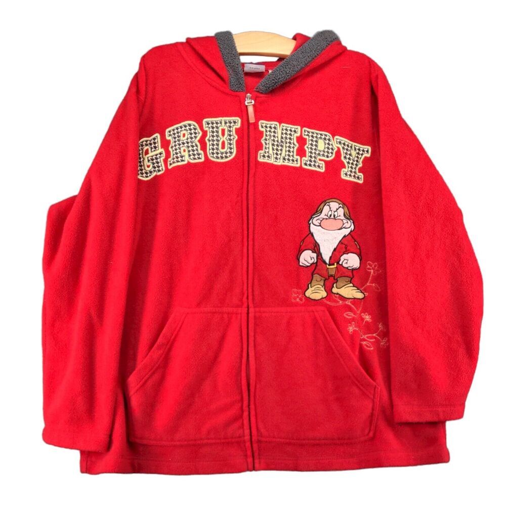 Wonderful World Disney Women Full Zip Fleece Hoodie SZ 2X Red Grumpy Embroidered